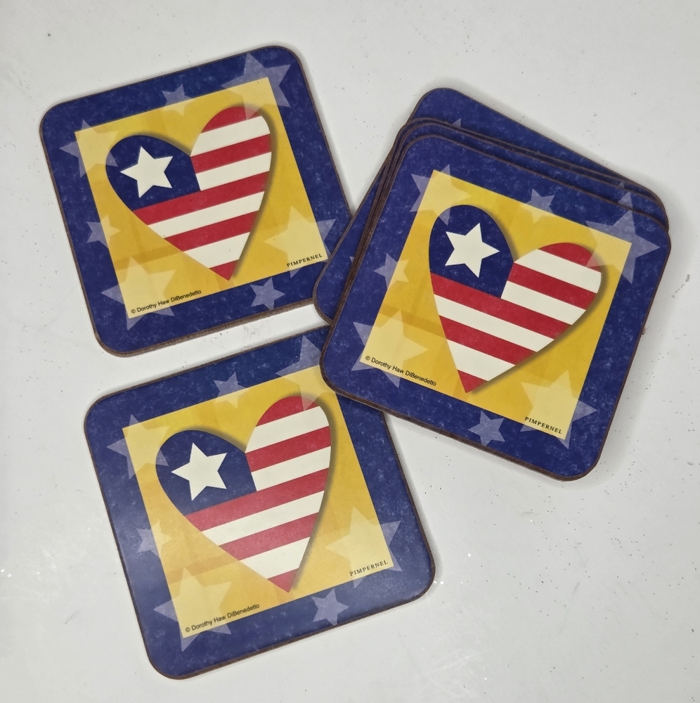 Pimpernel Premier Collection American Flag Heart Coasters Set‎ New - Picture 9 of 10
